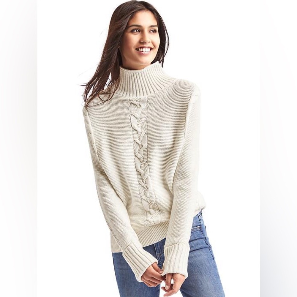 GAP Plait Cable Knit Mockneck Sweater Snow Cap White Cream Fisherman Turtleneck